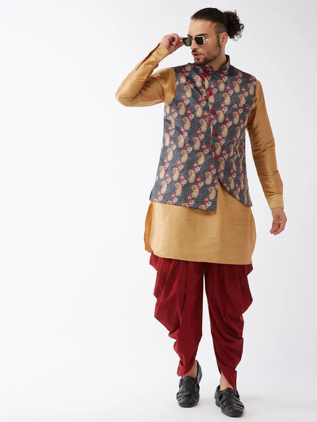 Jashvi Men's Rose Gold Silk Blend Kurta and Dhoti Pant With Cotton Blend Ethnic Jacket