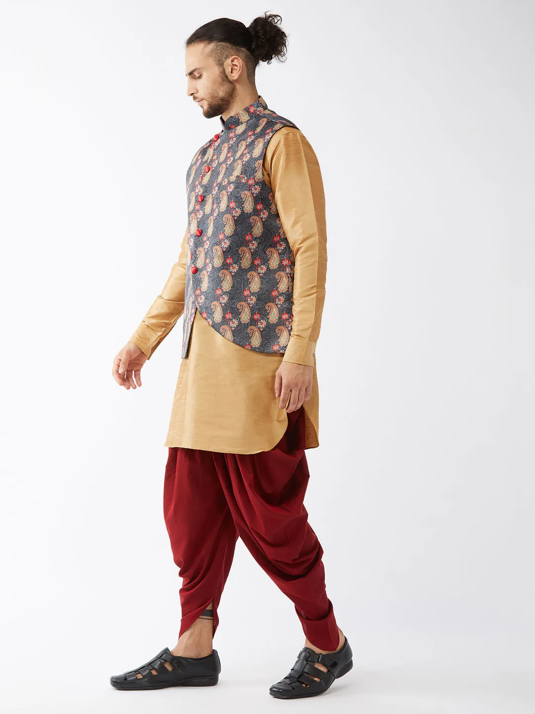 Jashvi Men's Rose Gold Silk Blend Kurta and Dhoti Pant With Cotton Blend Ethnic Jacket