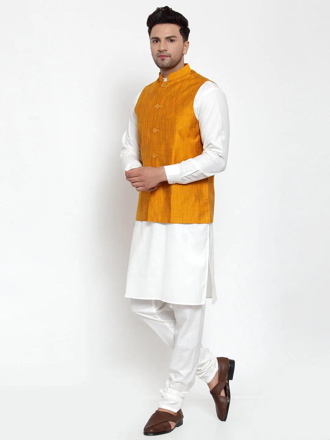 Jashvi Men's Yellow Woven Design Nehru Jacket