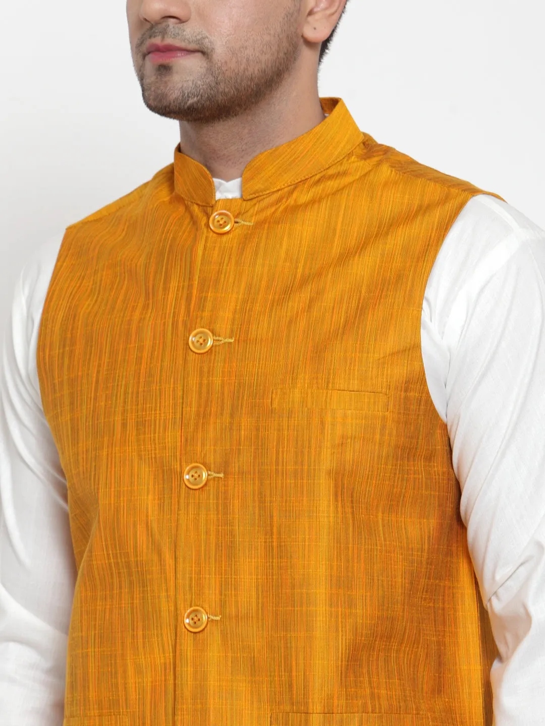 Jashvi Men's Yellow Woven Design Nehru Jacket