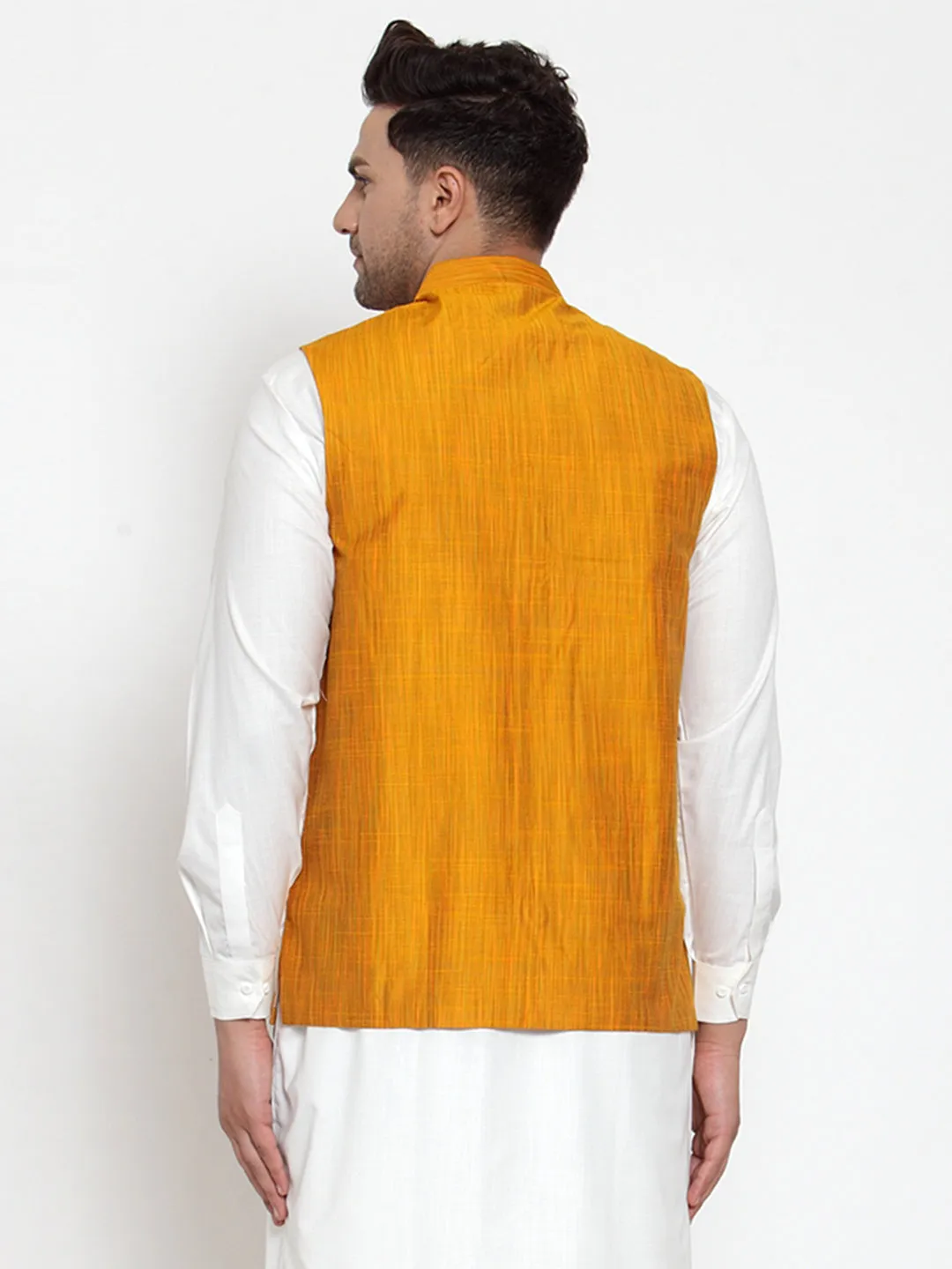 Jashvi Men's Yellow Woven Design Nehru Jacket