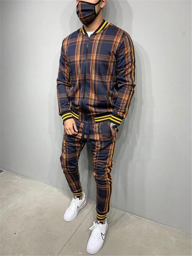 Jinquedai  Plaid Printed Loose Suit Couple Clothes Fashion Tracksuit Grey Tracksuit Fullset Black Pink Faded Tracksuit Full Set Tracksuit