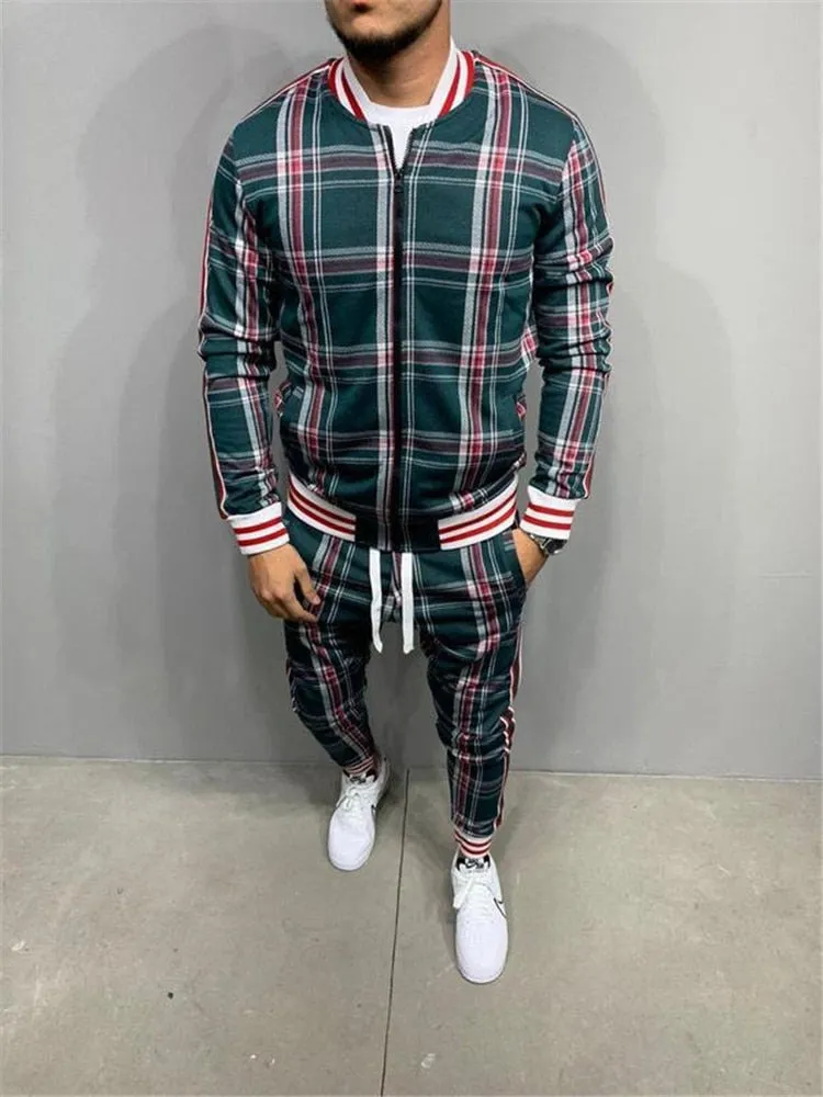 Jinquedai  Plaid Printed Loose Suit Couple Clothes Fashion Tracksuit Grey Tracksuit Fullset Black Pink Faded Tracksuit Full Set Tracksuit