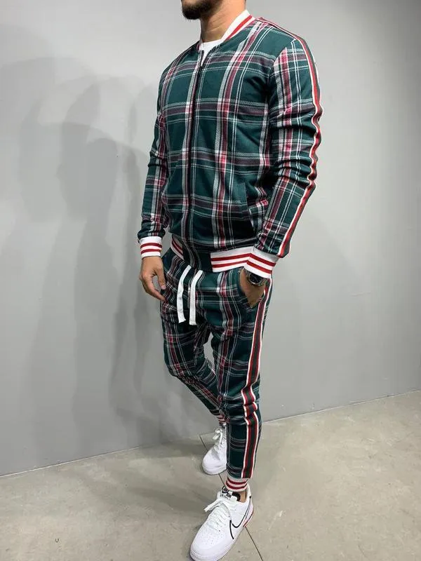 Jinquedai  Plaid Printed Loose Suit Couple Clothes Fashion Tracksuit Grey Tracksuit Fullset Black Pink Faded Tracksuit Full Set Tracksuit