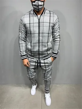 Jinquedai  Plaid Printed Loose Suit Couple Clothes Fashion Tracksuit Grey Tracksuit Fullset Black Pink Faded Tracksuit Full Set Tracksuit