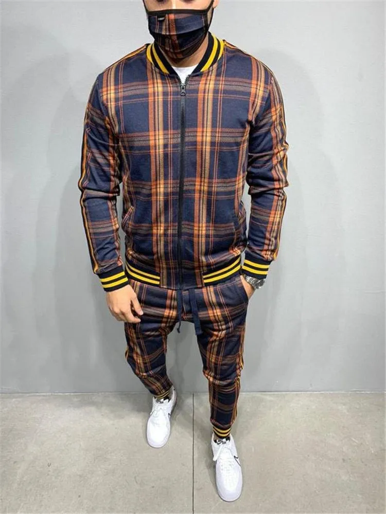 Jinquedai  Plaid Printed Loose Suit Couple Clothes Fashion Tracksuit Grey Tracksuit Fullset Black Pink Faded Tracksuit Full Set Tracksuit