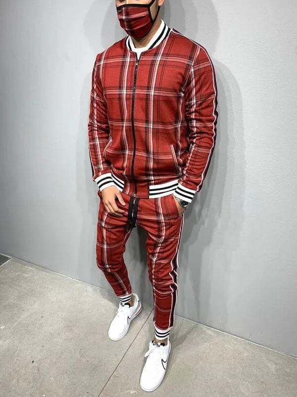 Jinquedai  Plaid Printed Loose Suit Couple Clothes Fashion Tracksuit Grey Tracksuit Fullset Black Pink Faded Tracksuit Full Set Tracksuit