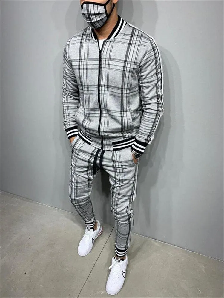 Jinquedai  Plaid Printed Loose Suit Couple Clothes Fashion Tracksuit Grey Tracksuit Fullset Black Pink Faded Tracksuit Full Set Tracksuit