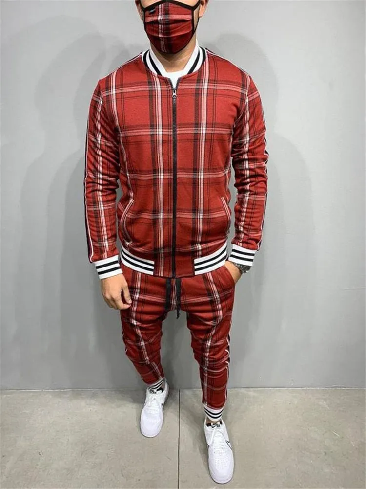 Jinquedai  Plaid Printed Loose Suit Couple Clothes Fashion Tracksuit Grey Tracksuit Fullset Black Pink Faded Tracksuit Full Set Tracksuit