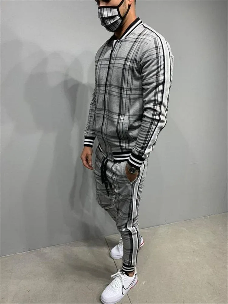 Jinquedai  Plaid Printed Loose Suit Couple Clothes Fashion Tracksuit Grey Tracksuit Fullset Black Pink Faded Tracksuit Full Set Tracksuit