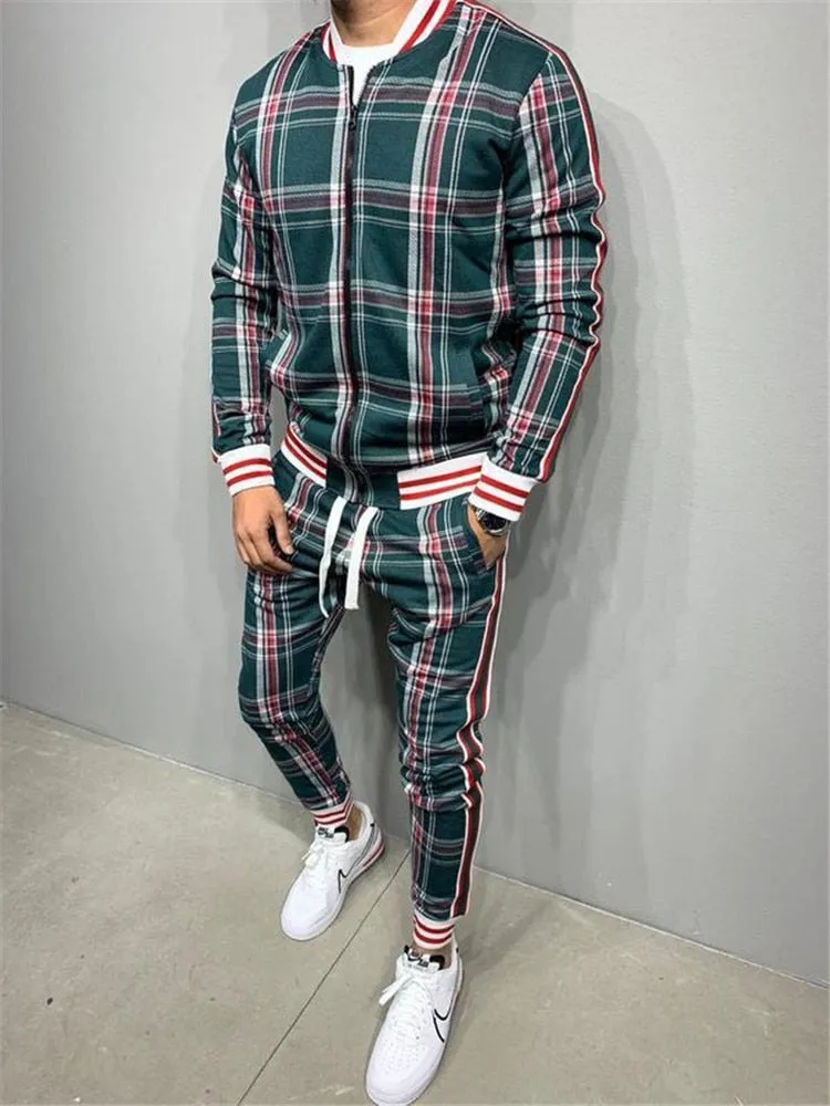 Jinquedai  Plaid Printed Loose Suit Couple Clothes Fashion Tracksuit Grey Tracksuit Fullset Black Pink Faded Tracksuit Full Set Tracksuit