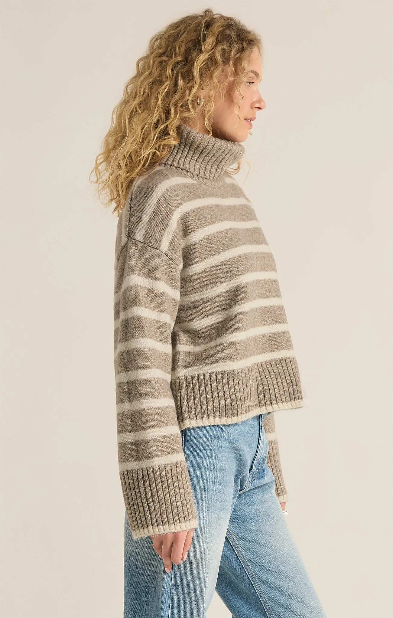 Josephine Stripe Roll Neck Sweater - Heather Taupe