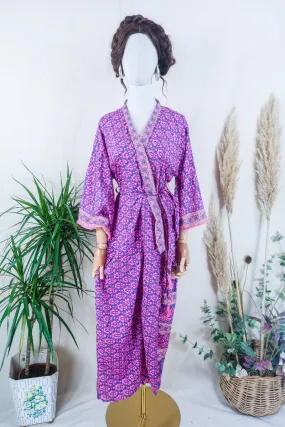 Juliet Kimono Dress - Lavender & French Rose Flora - Vintage Indian Sari - Free Size