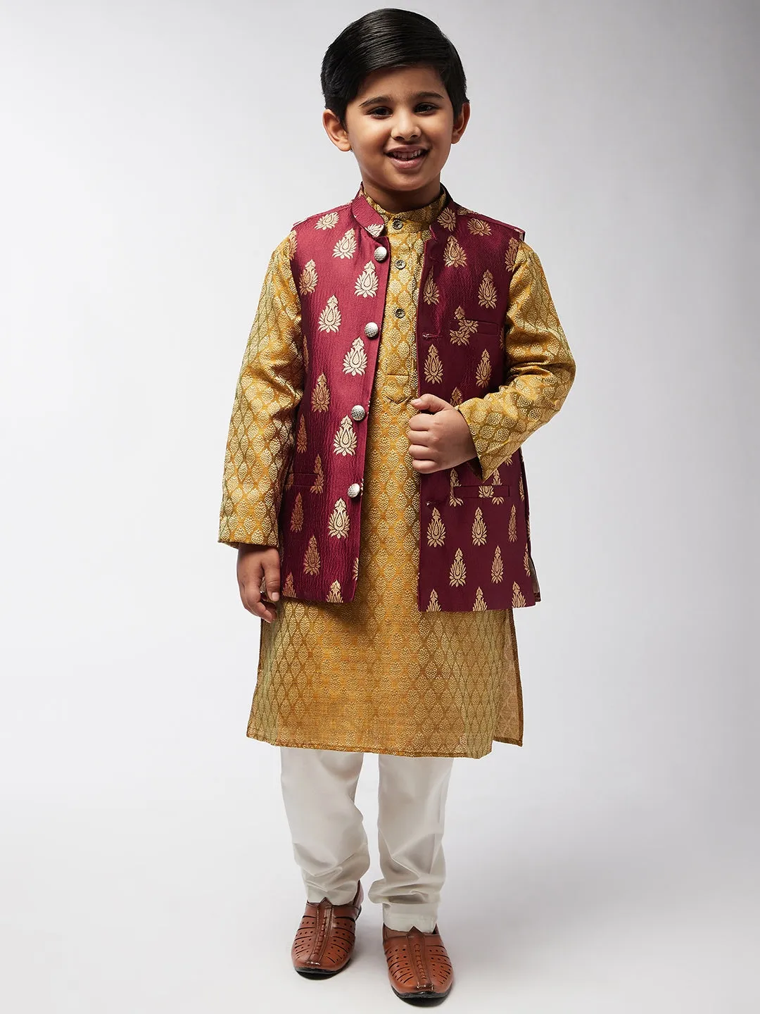 Kid's Jacquard Silk Maroon & Gold Self Design ONLY Nehru Jacket - Sojanya KID