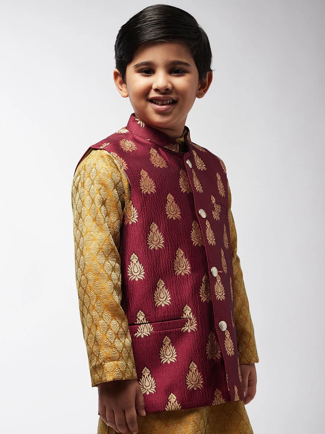 Kid's Jacquard Silk Maroon & Gold Self Design ONLY Nehru Jacket - Sojanya KID