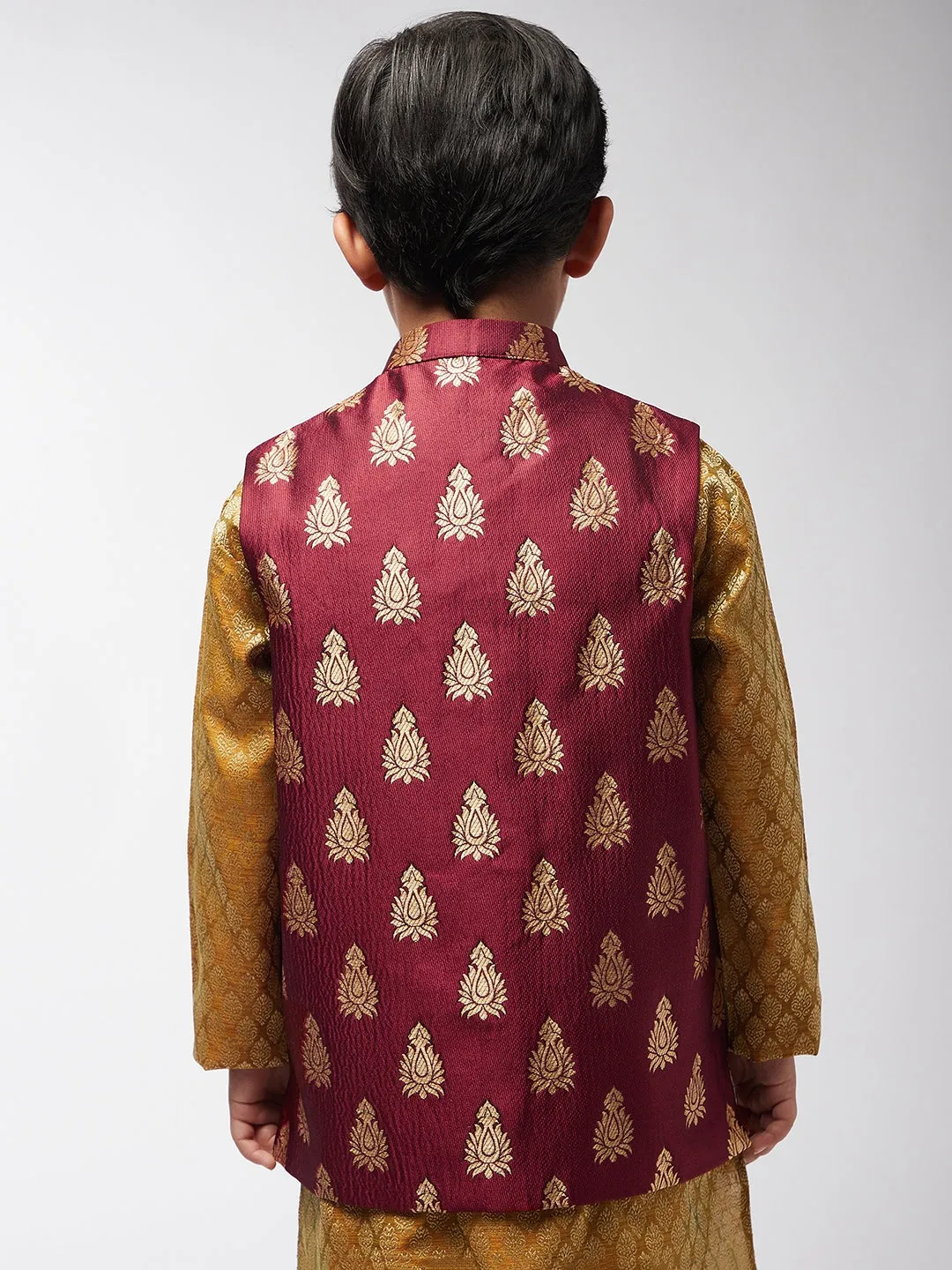 Kid's Jacquard Silk Maroon & Gold Self Design ONLY Nehru Jacket - Sojanya KID