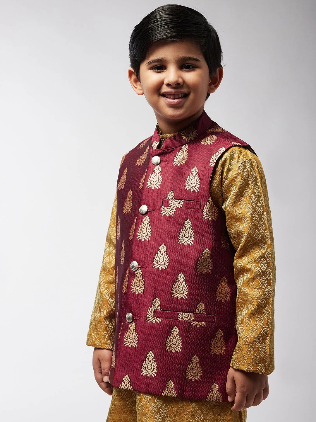 Kid's Jacquard Silk Maroon & Gold Self Design ONLY Nehru Jacket - Sojanya KID