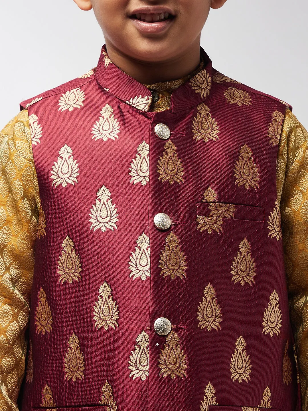 Kid's Jacquard Silk Maroon & Gold Self Design ONLY Nehru Jacket - Sojanya KID