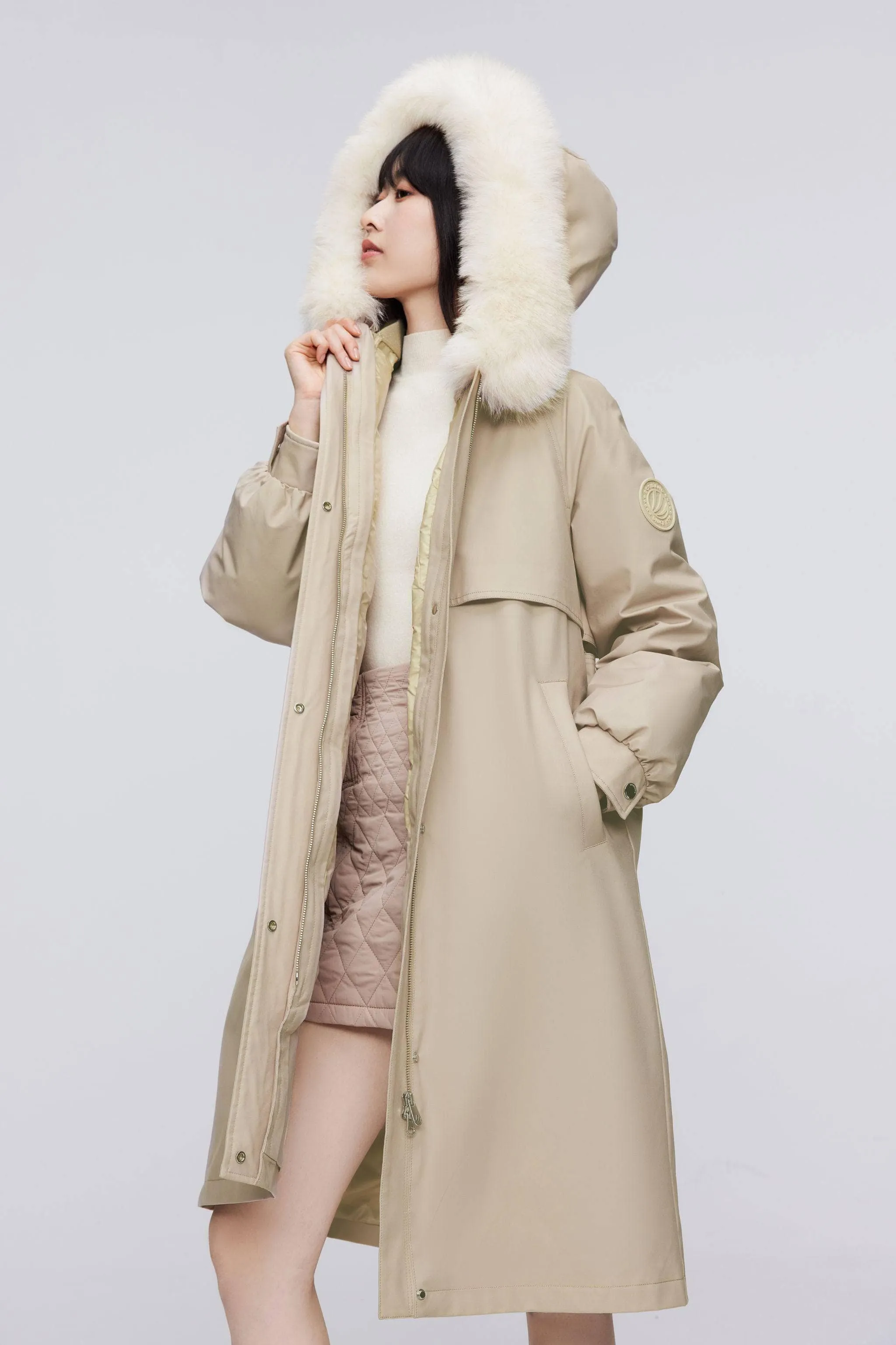 Knee Length Fox Fur Down Parka