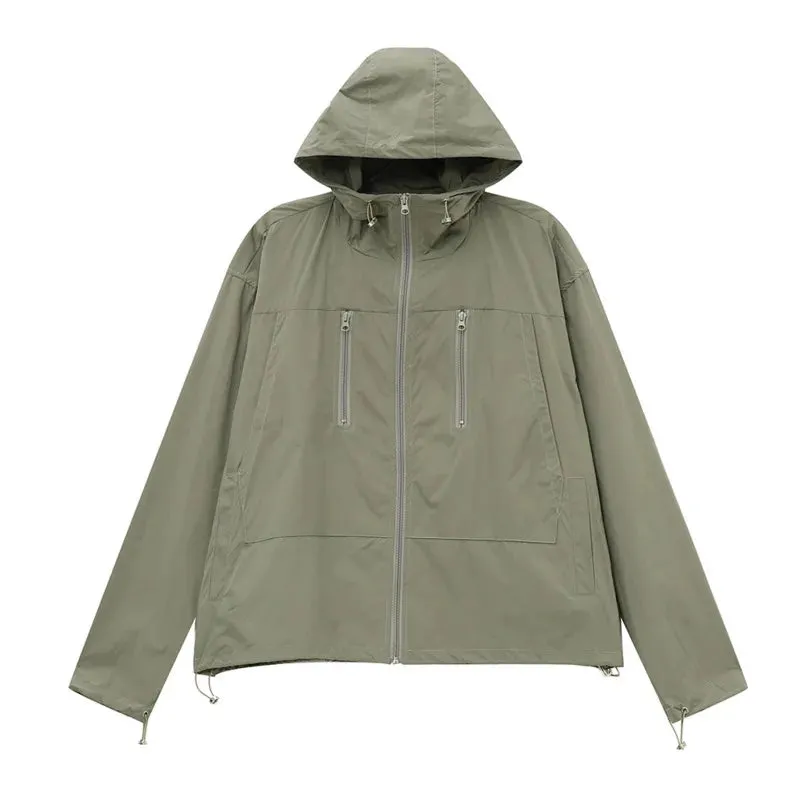 Korean Style Men's Jackets Hooded Zipper Patchwork Drawstring Sun-protective Clothing Solid Color Male Coats Autumn 9C6846