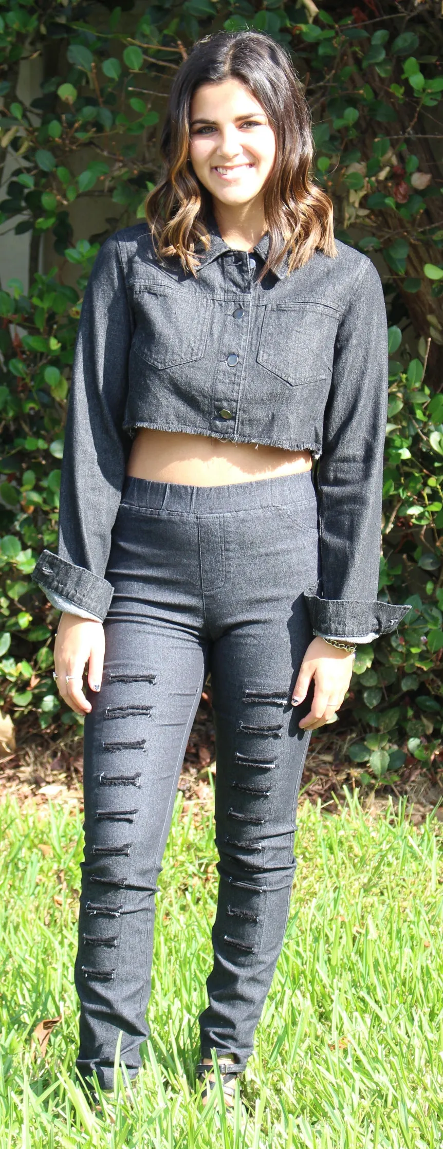 Lace Up Cropped Denim Jacket, Black