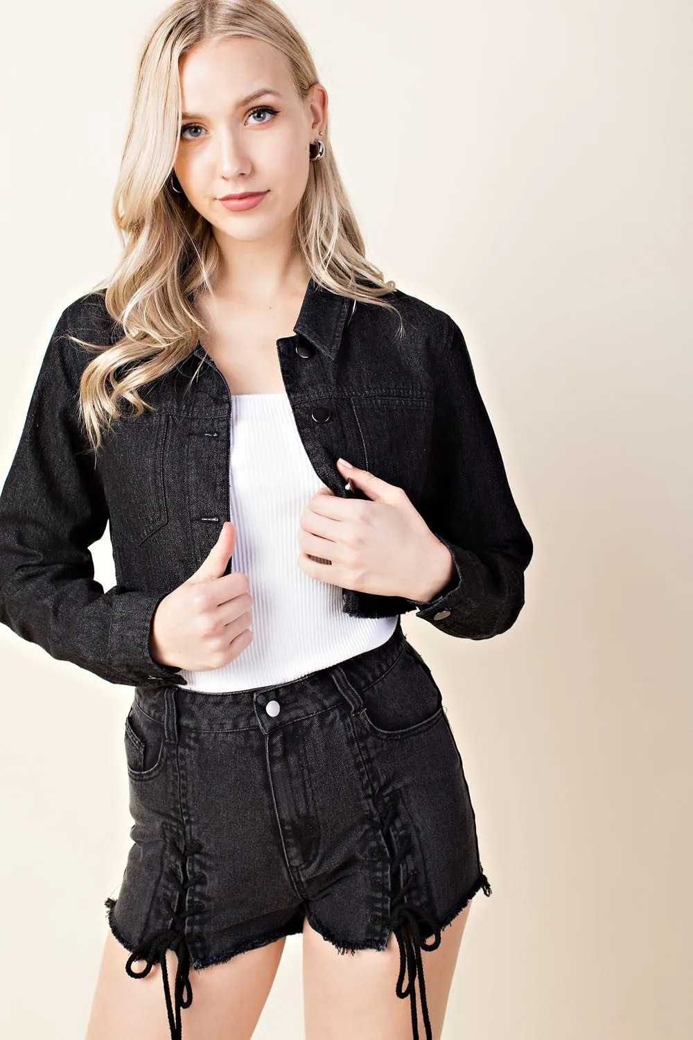 Lace Up Cropped Denim Jacket, Black