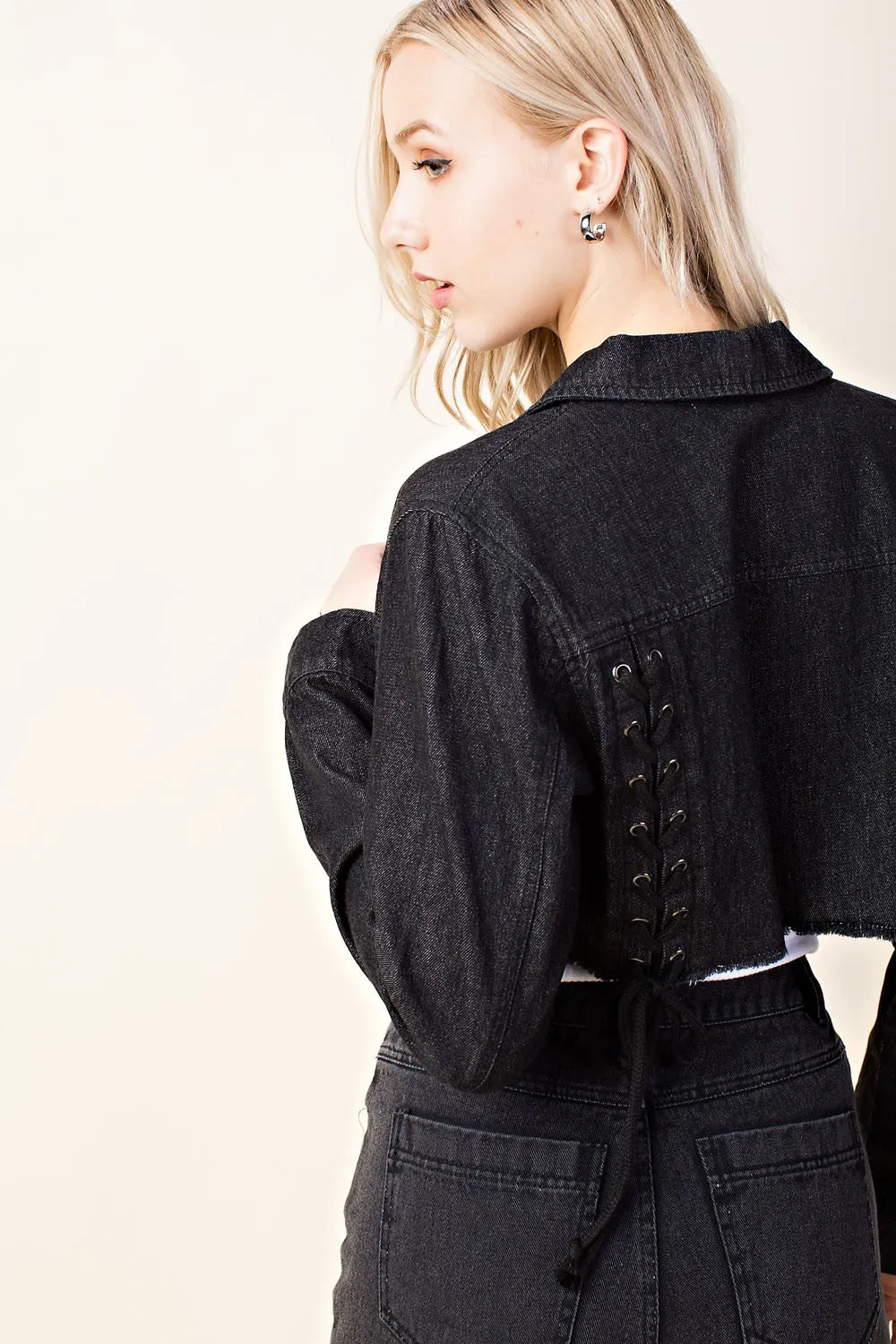 Lace Up Cropped Denim Jacket, Black