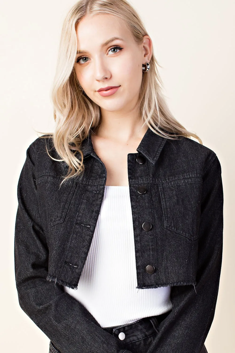 Lace Up Cropped Denim Jacket, Black