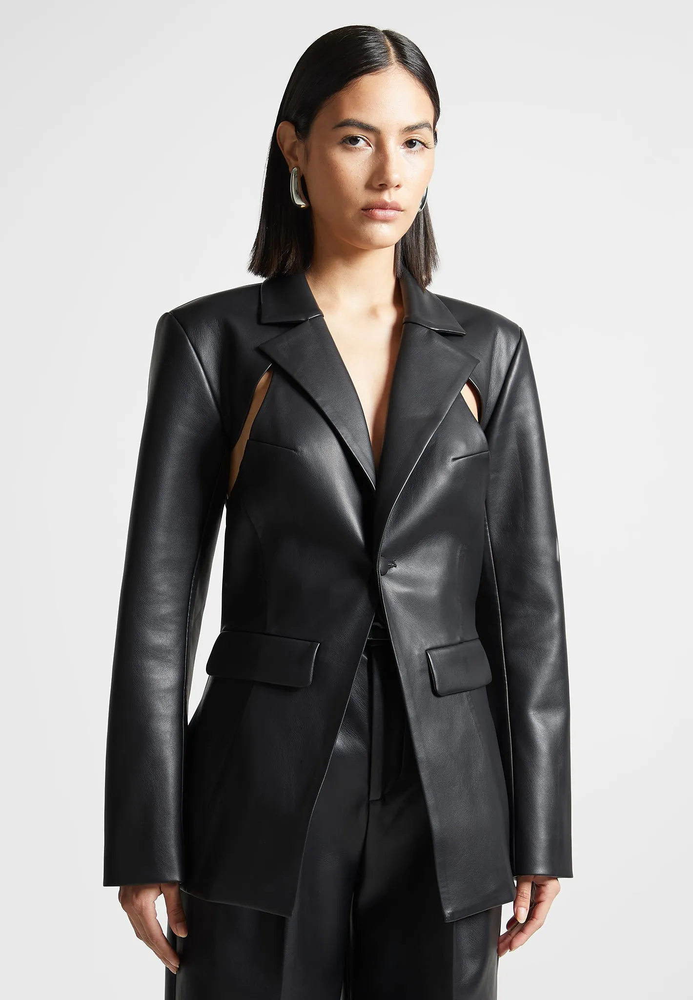 Leather Cut Out Blazer - Black