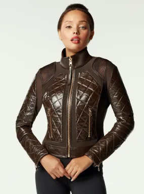 Leather Moto Mesh Jacket - Brown/Gold Trims