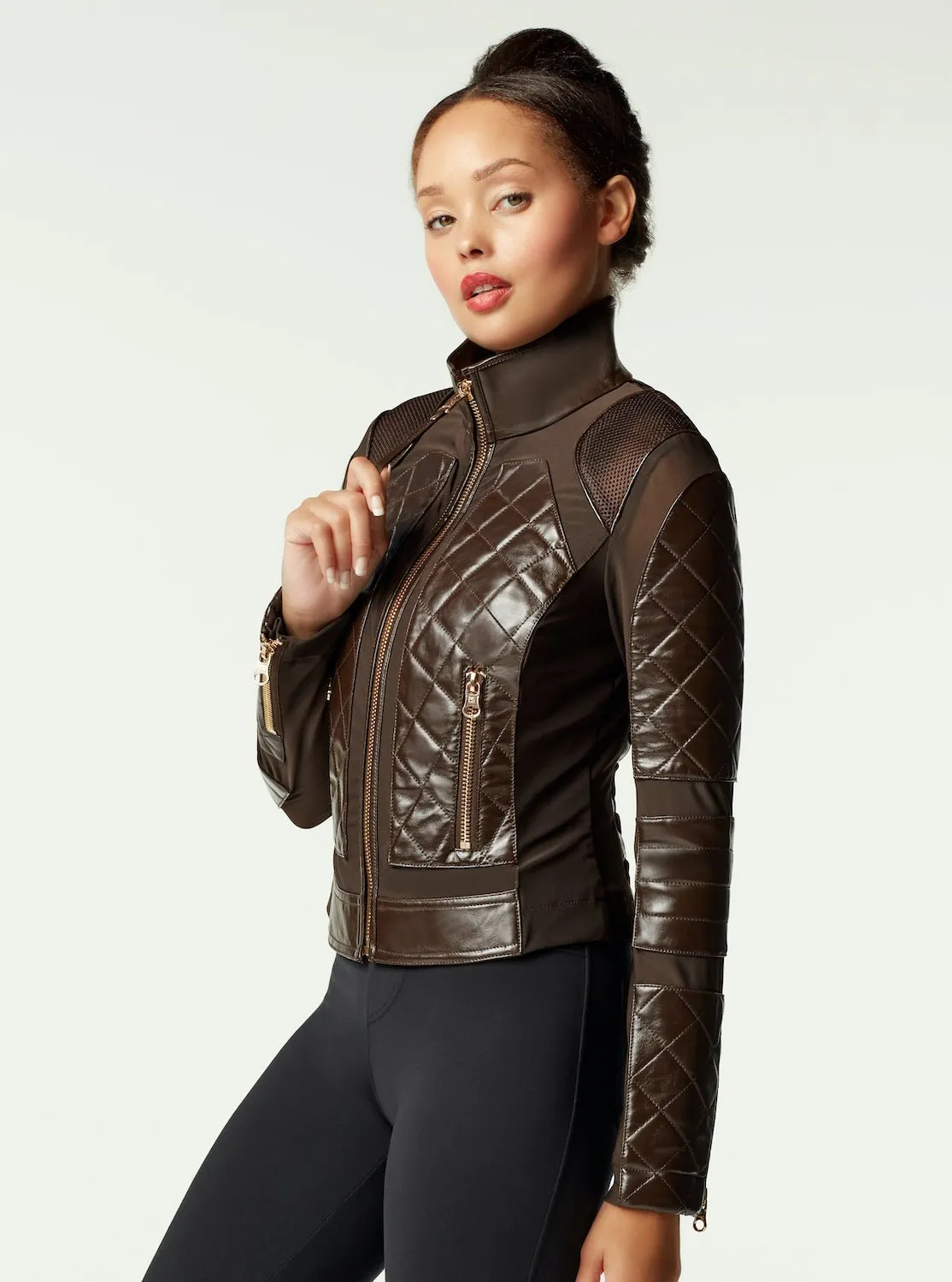 Leather Moto Mesh Jacket - Brown/Gold Trims