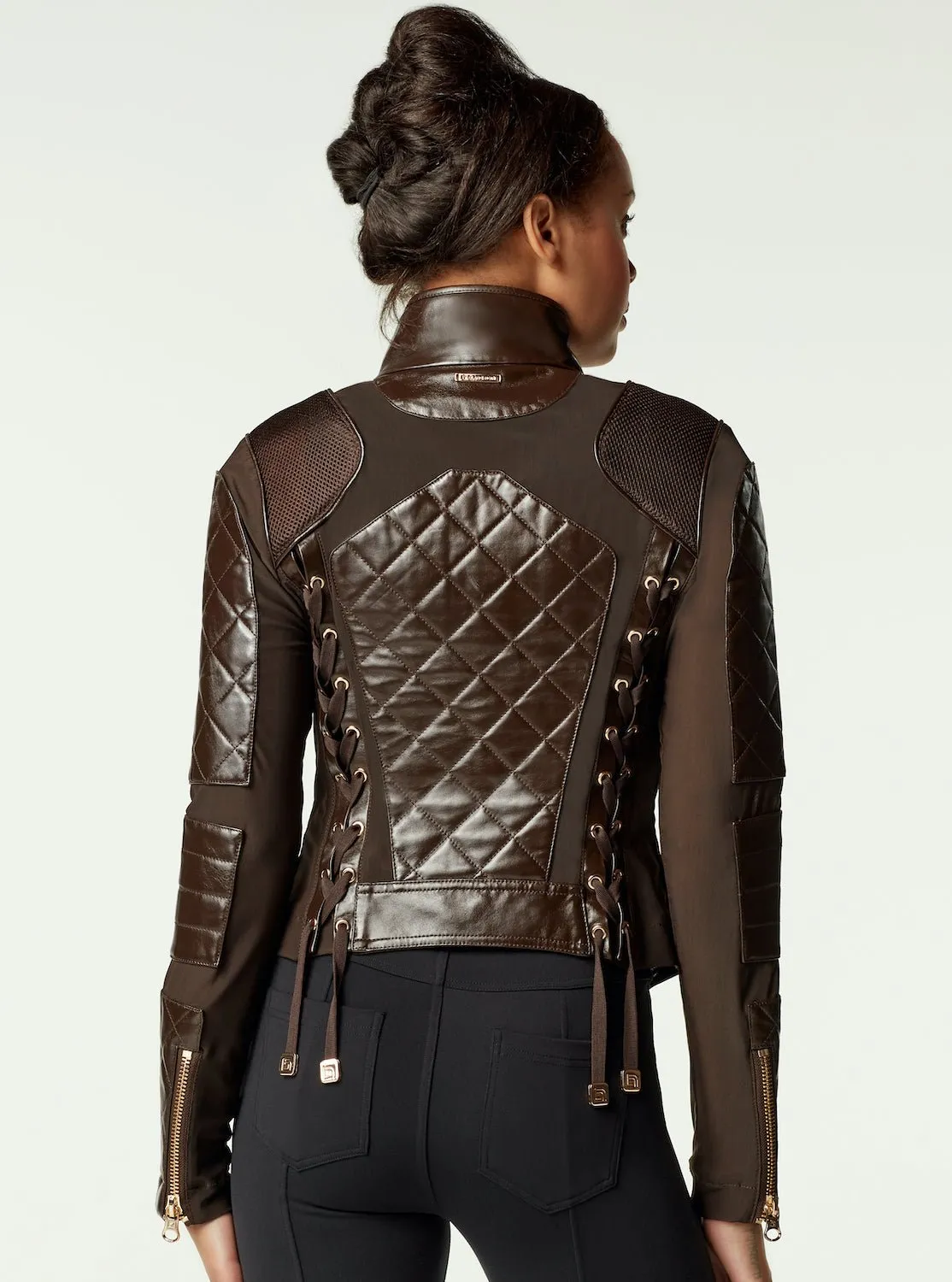 Leather Moto Mesh Jacket - Brown/Gold Trims