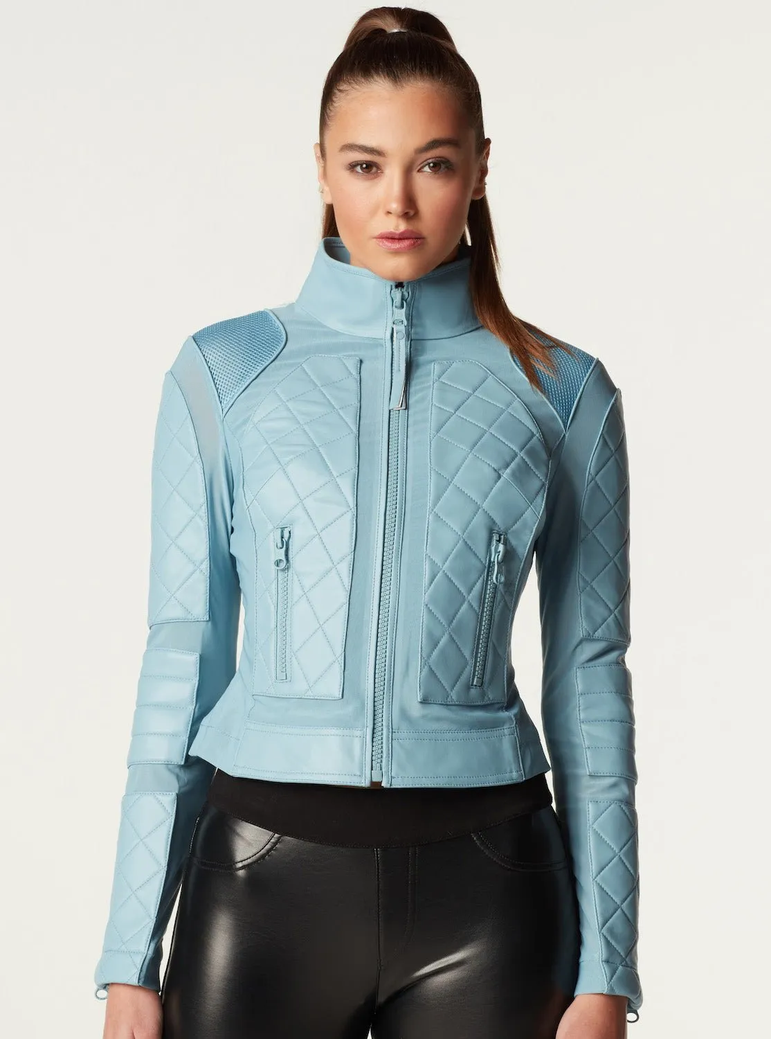 Leather Moto Mesh Jacket - Sky Blue