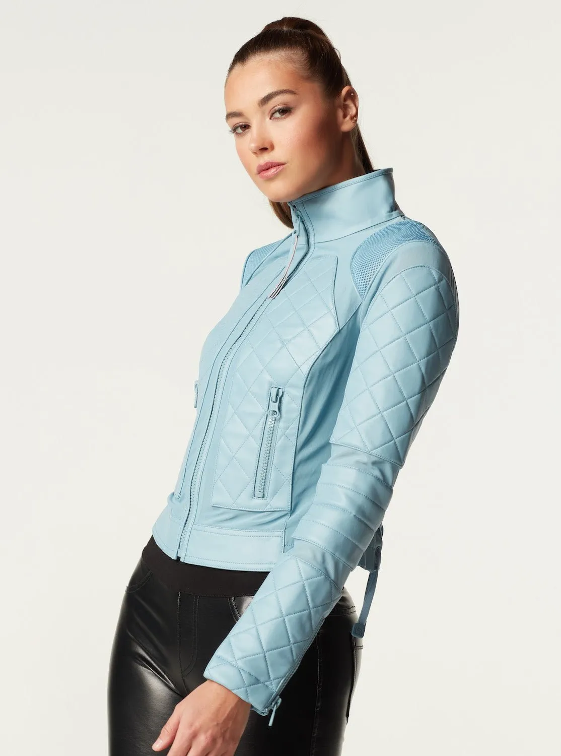 Leather Moto Mesh Jacket - Sky Blue