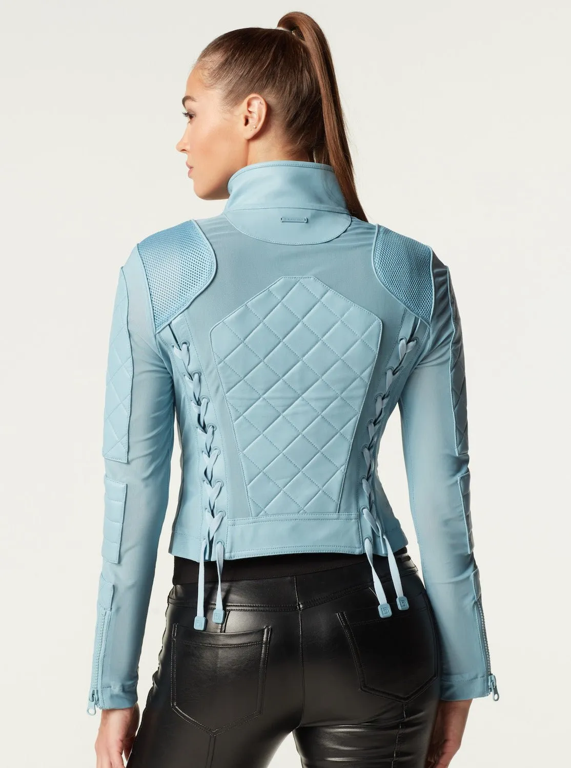 Leather Moto Mesh Jacket - Sky Blue