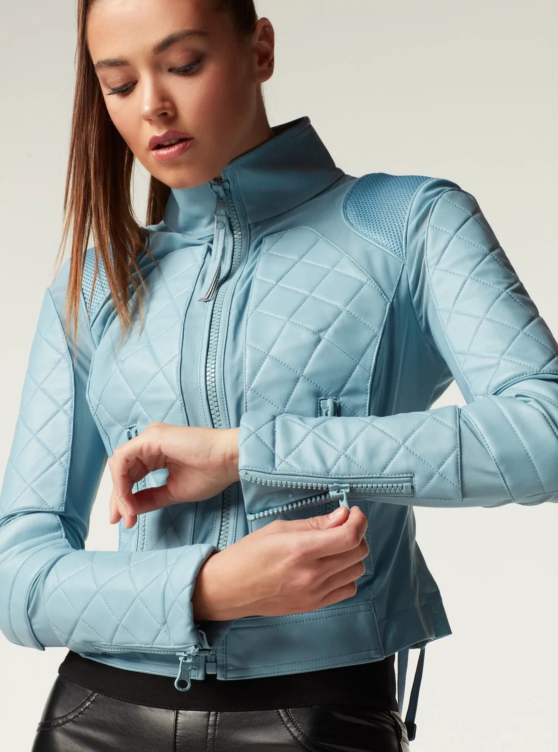 Leather Moto Mesh Jacket - Sky Blue