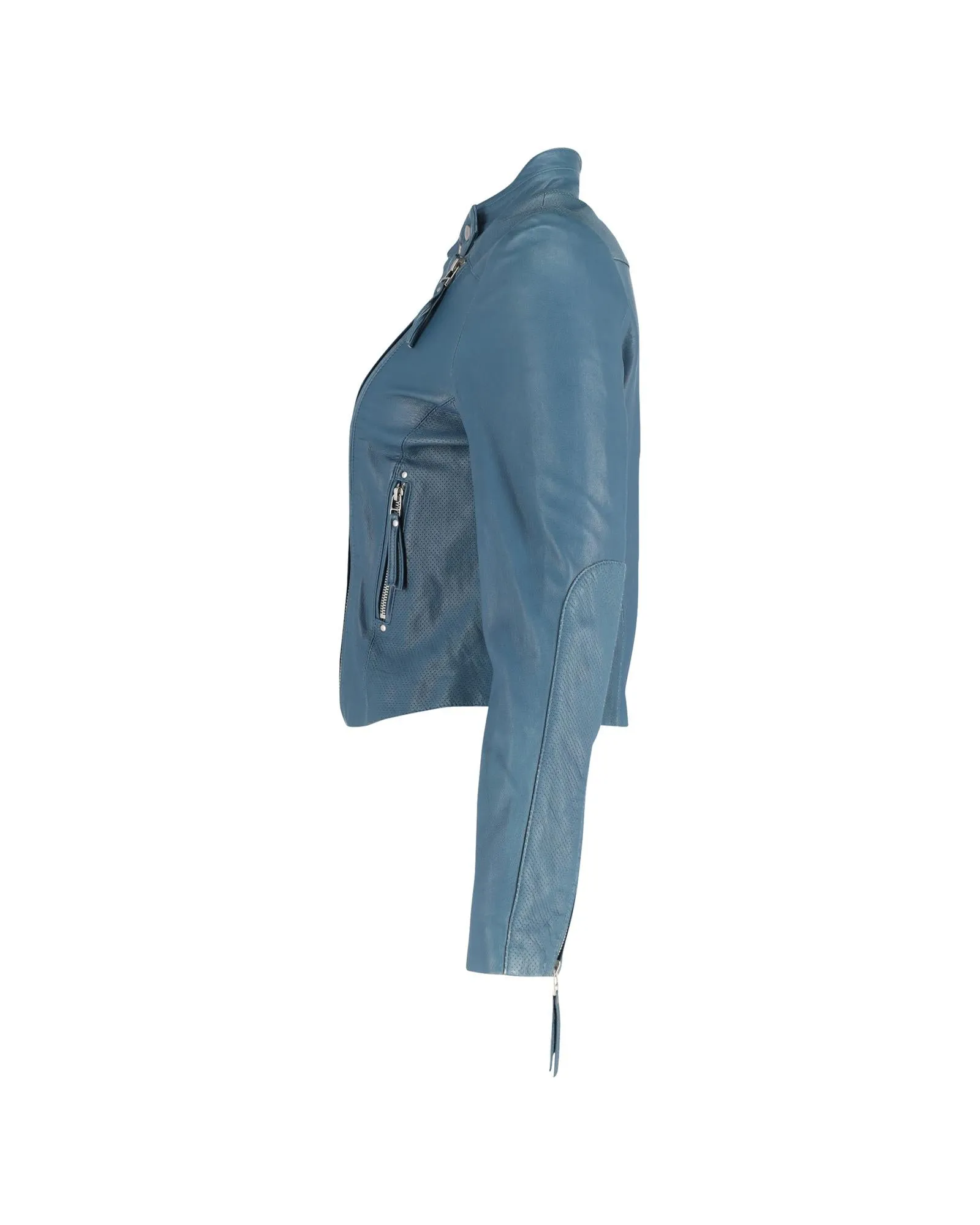 Light Blue Leather Biker Jacket with Quilted Details and Silver-Tone Hardware