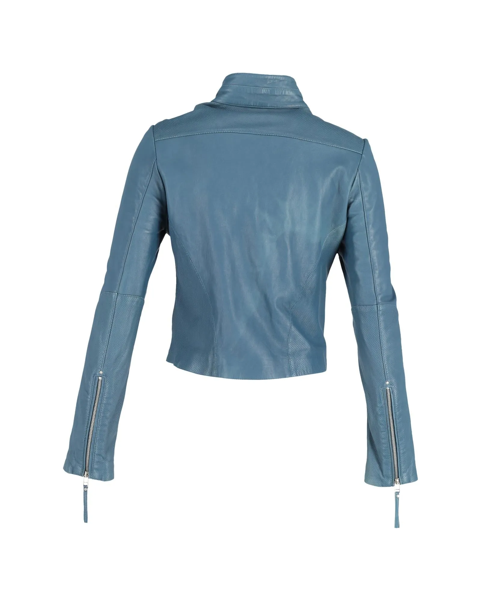 Light Blue Leather Biker Jacket with Quilted Details and Silver-Tone Hardware