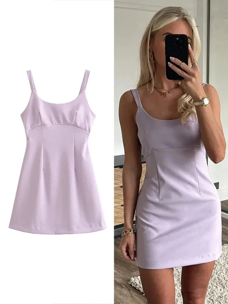 Lilac Square Neck Mini Dress for an Elegant Look