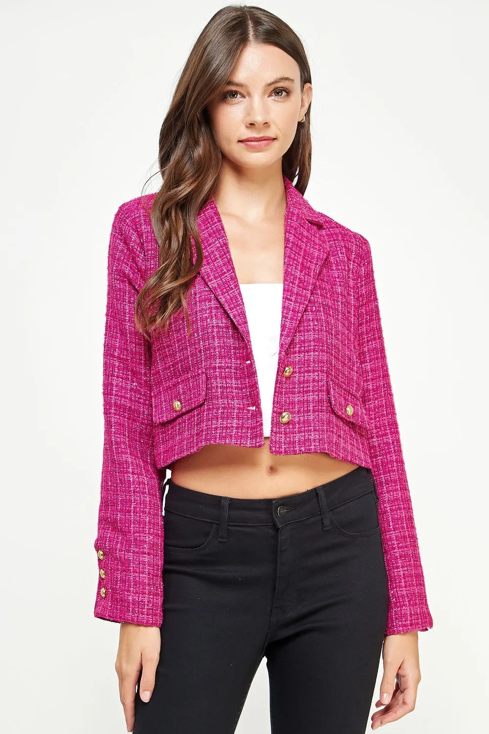 Magenta Tweed Cropped Blazer Jacket