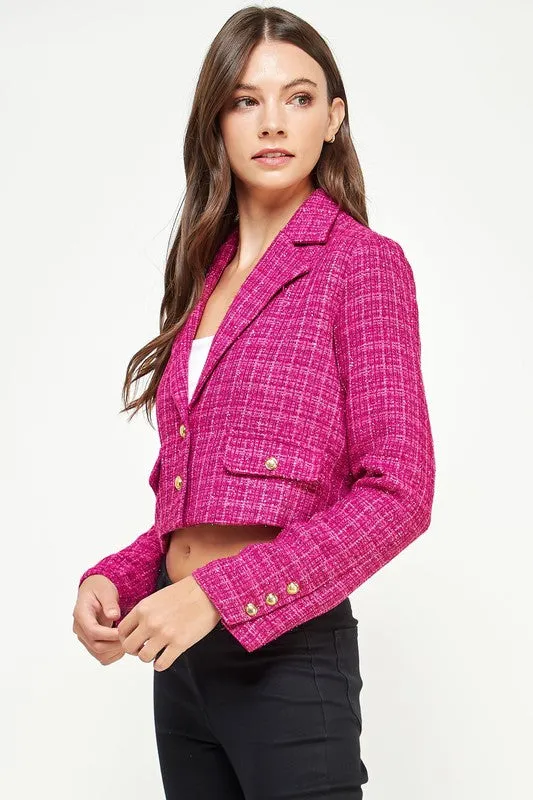 Magenta Tweed Cropped Blazer Jacket