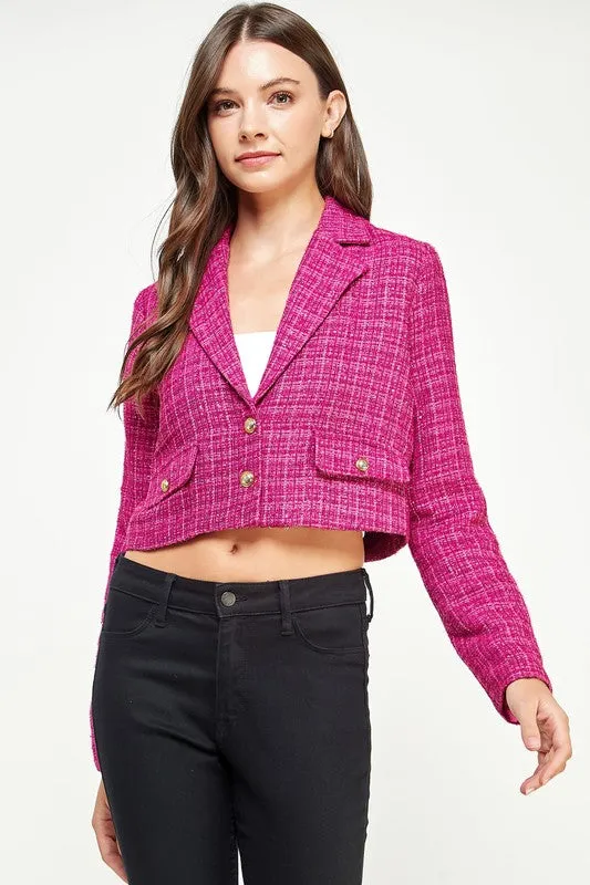 Magenta Tweed Cropped Blazer Jacket