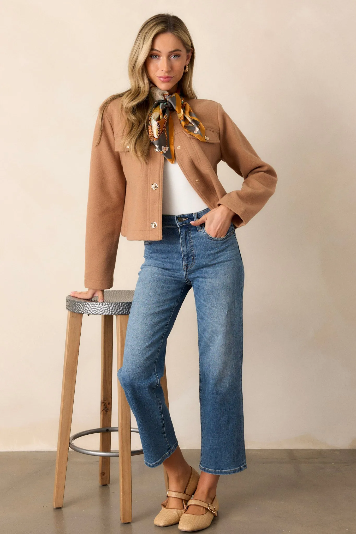 Many Directions Camel Brown Cropped Tweed Jacket