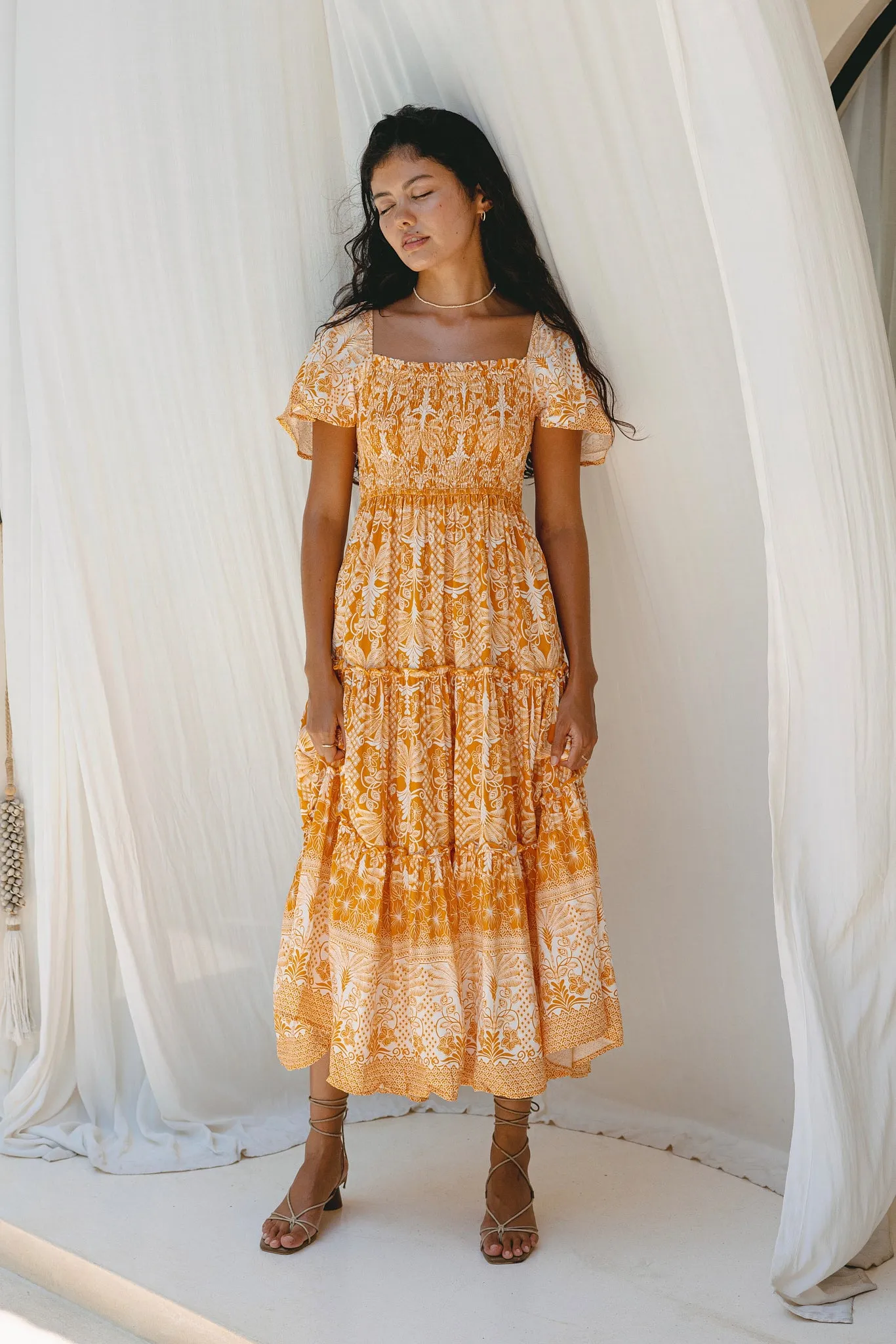 Marigold Yellow Orange Boho Tiered Midi Dress