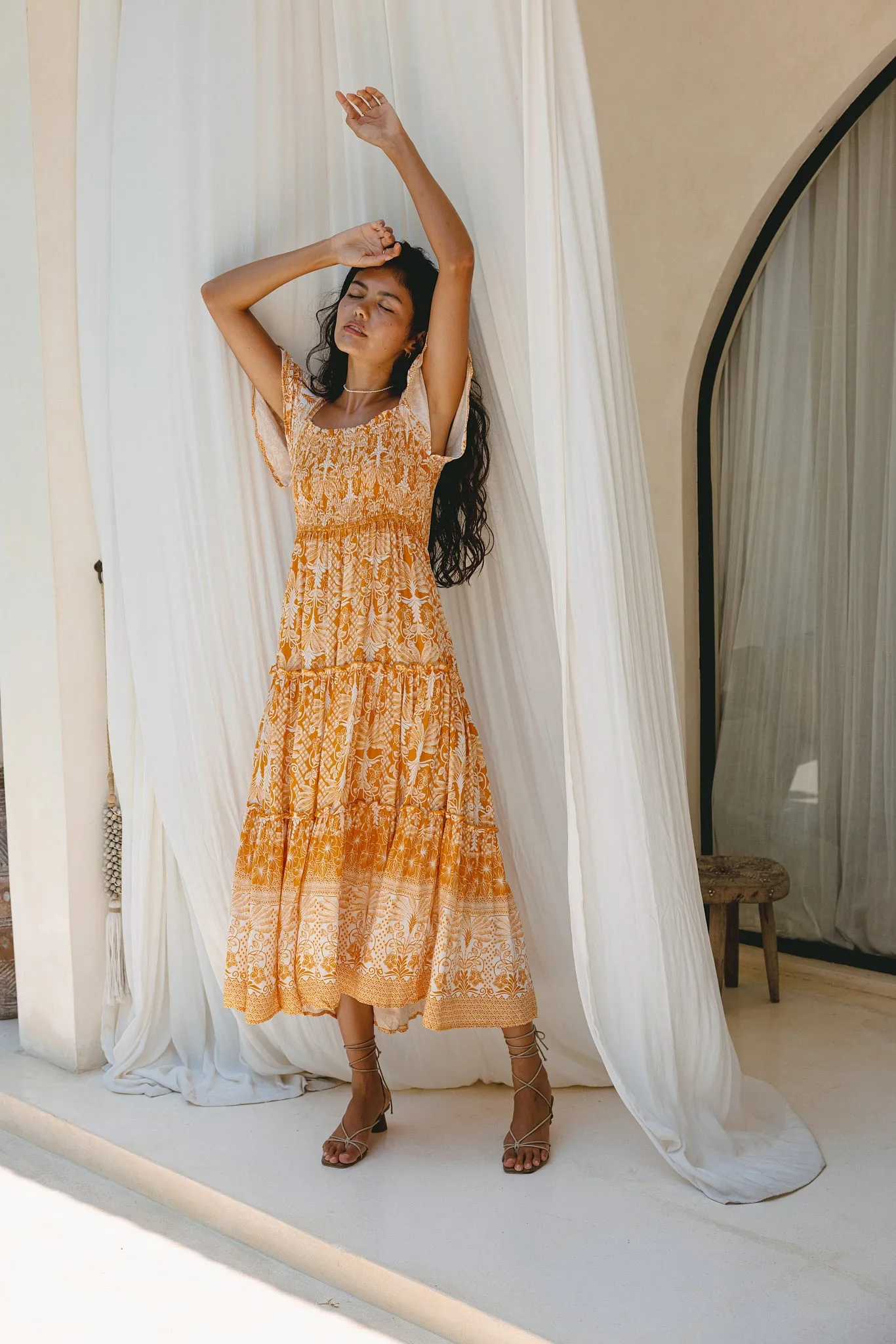 Marigold Yellow Orange Boho Tiered Midi Dress