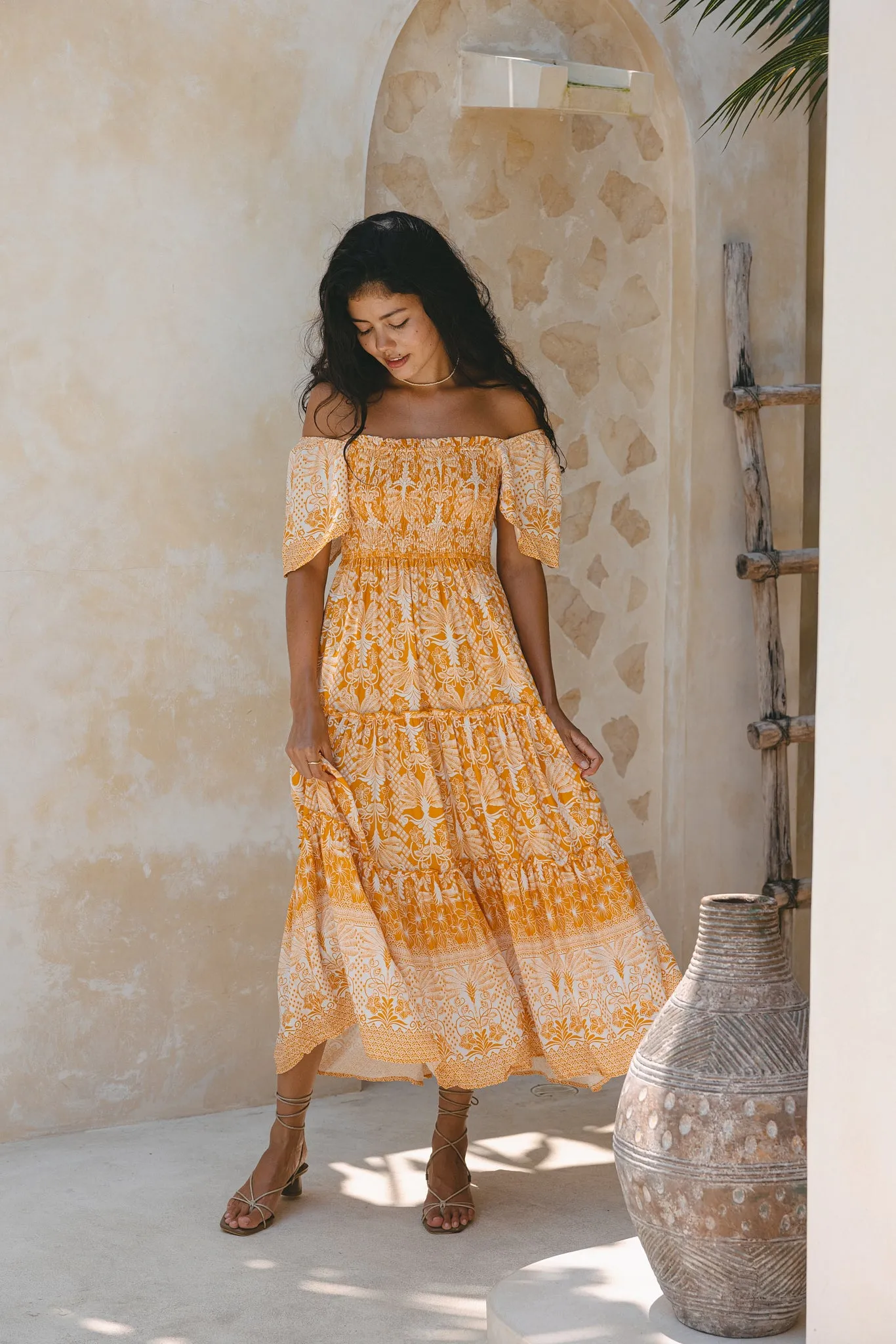 Marigold Yellow Orange Boho Tiered Midi Dress