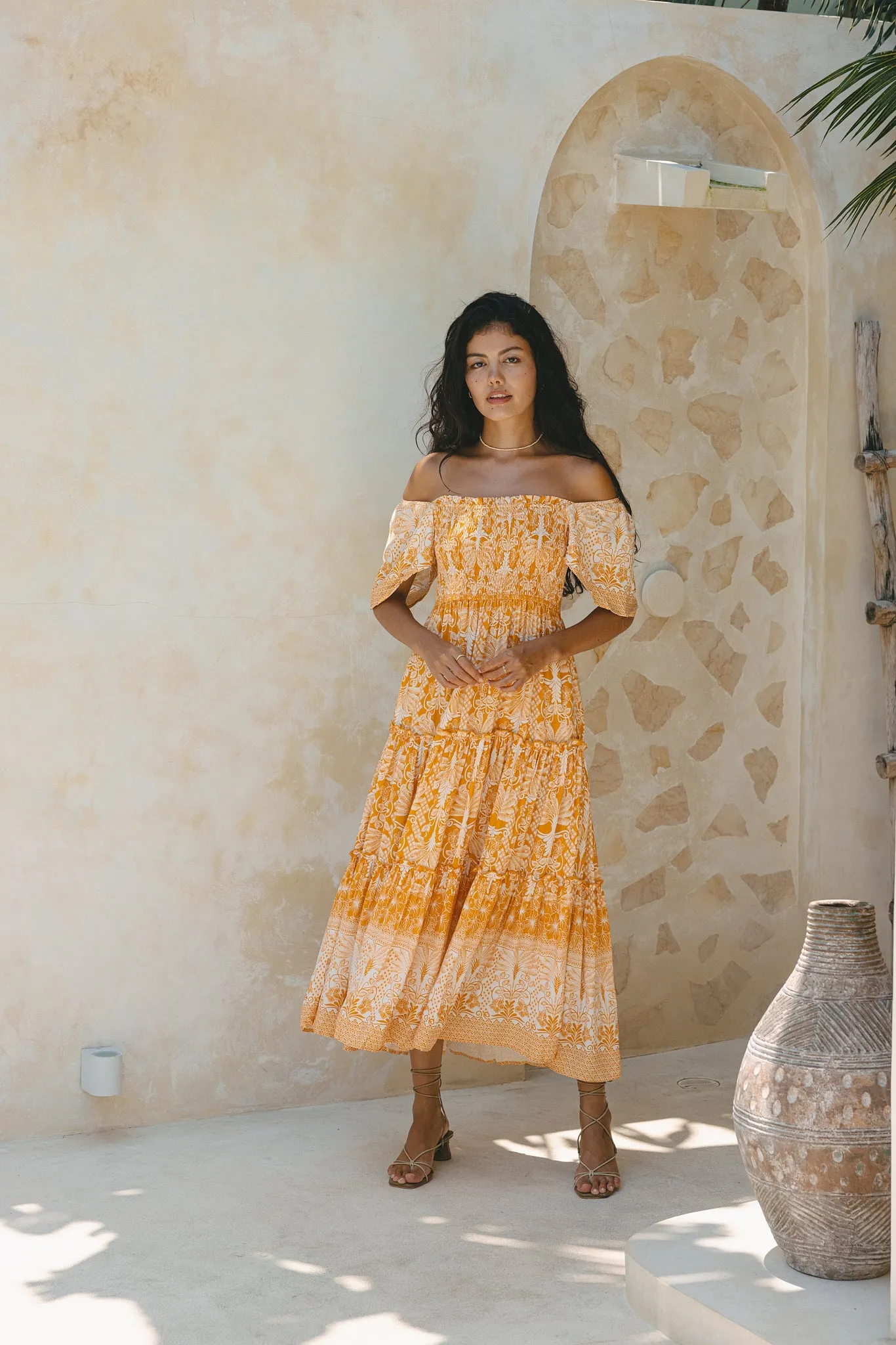 Marigold Yellow Orange Boho Tiered Midi Dress