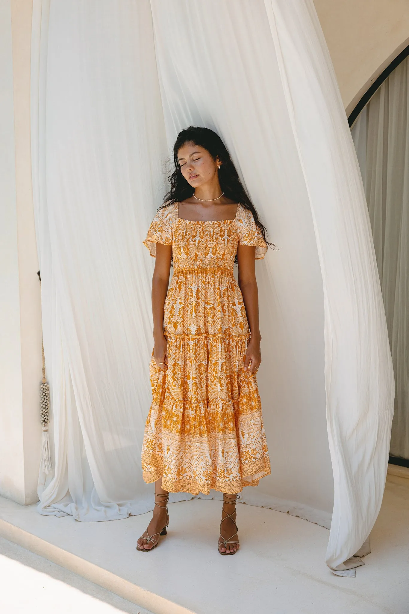 Marigold Yellow Orange Boho Tiered Midi Dress