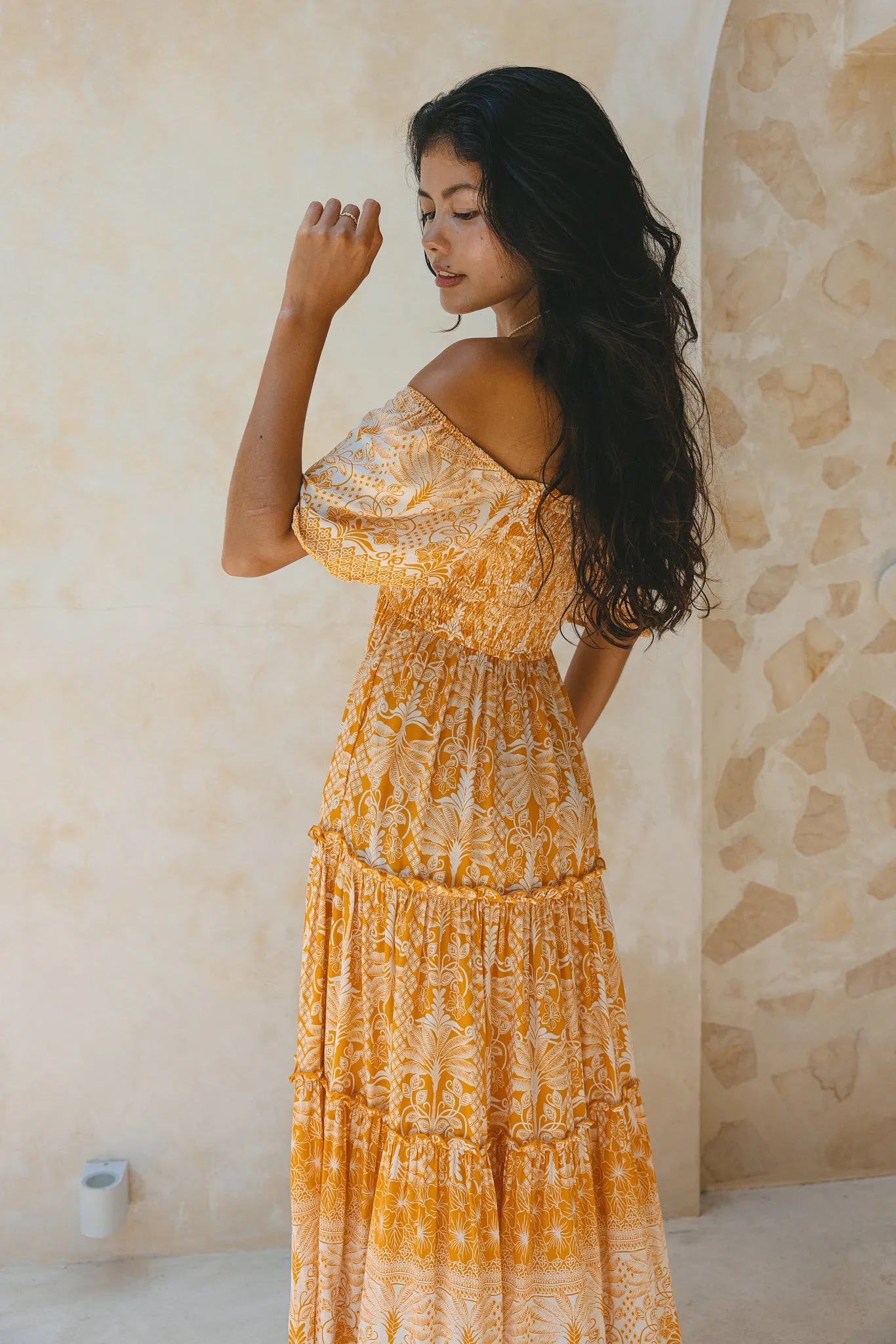 Marigold Yellow Orange Boho Tiered Midi Dress