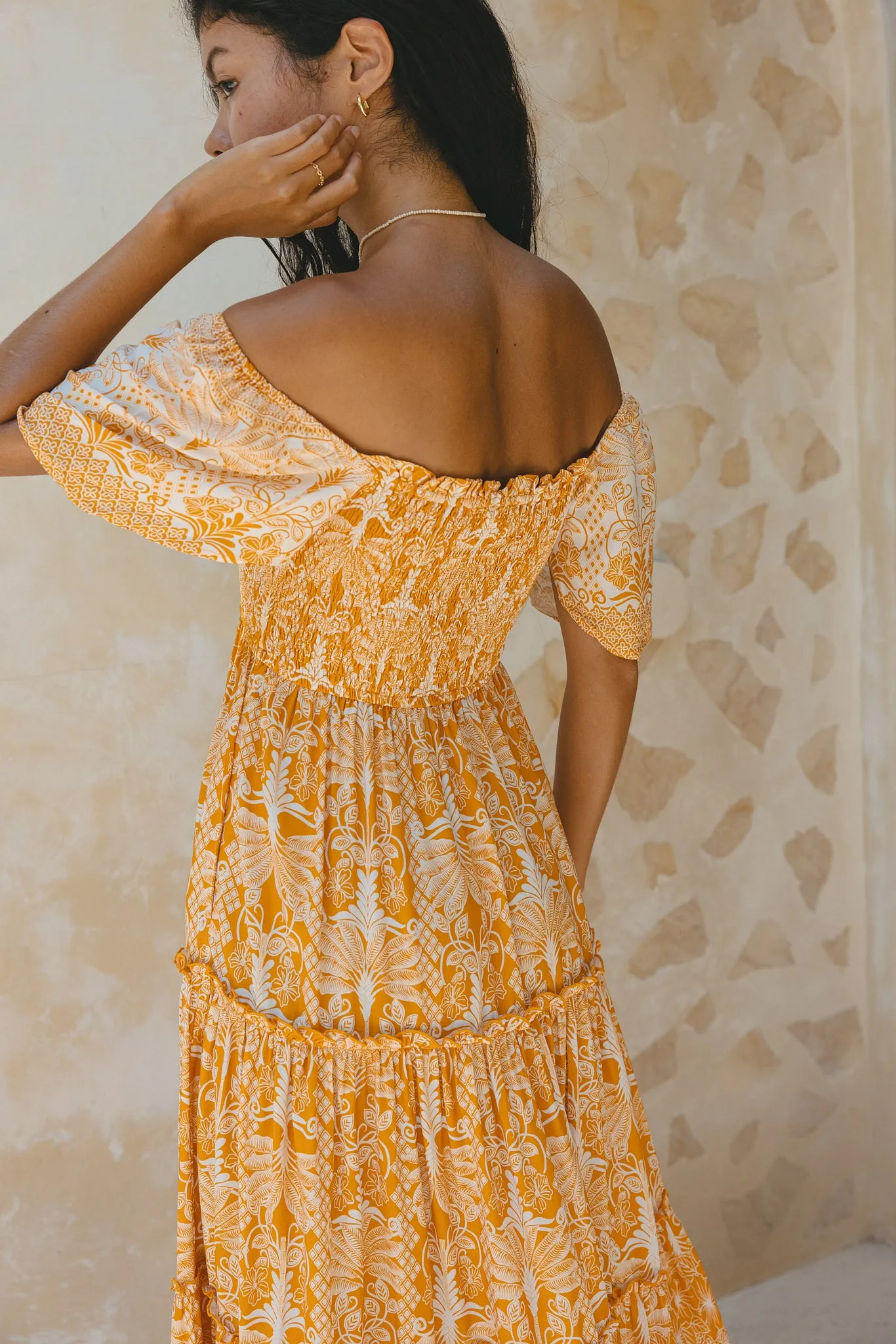 Marigold Yellow Orange Boho Tiered Midi Dress